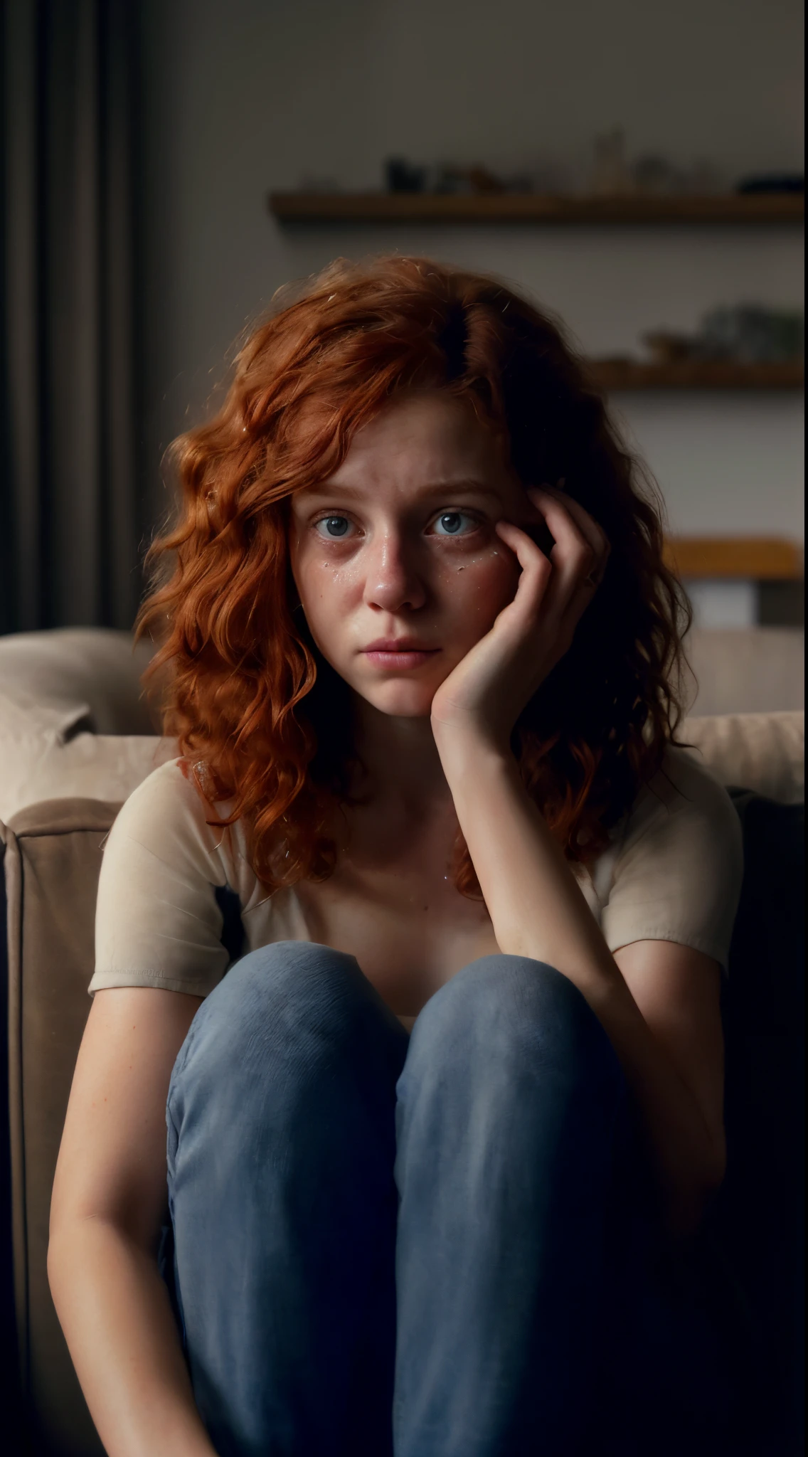 A realistic image of Allie, a white girl with medium length red curly hair, sitting on a couch in a bright room. She is in distress, with one hand on her face and the other on her lap. She is looking away from the camera, with a sad and worried expression on her face. She has tears in her eyes and her hands are trembling.