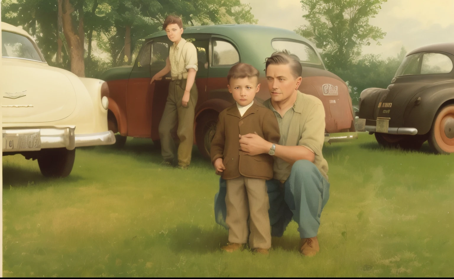 there is a man and a boy that are standing in the grass, a colorized photo, colorized photo, colourized, colorized photograph, old color photo, colorized, award winning colorized photo, restored color, old color photograph, photo in color, coloured photo, colorized background, colourised, vintage color photo, 1950s family, restored photo