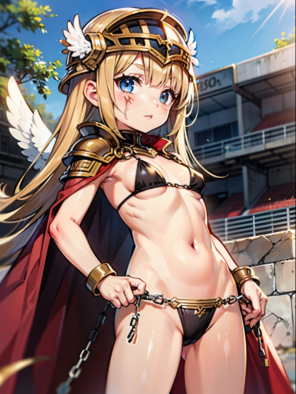 (loli:1.6), bikni armor, arena, gladiator, tridant, chains, angel wings, face scar, gladiator, metal mask for helmet, very long hair, blonde scars on body, cowboyshot, exposed belly, cape, half naked, outdoors gladiator arena