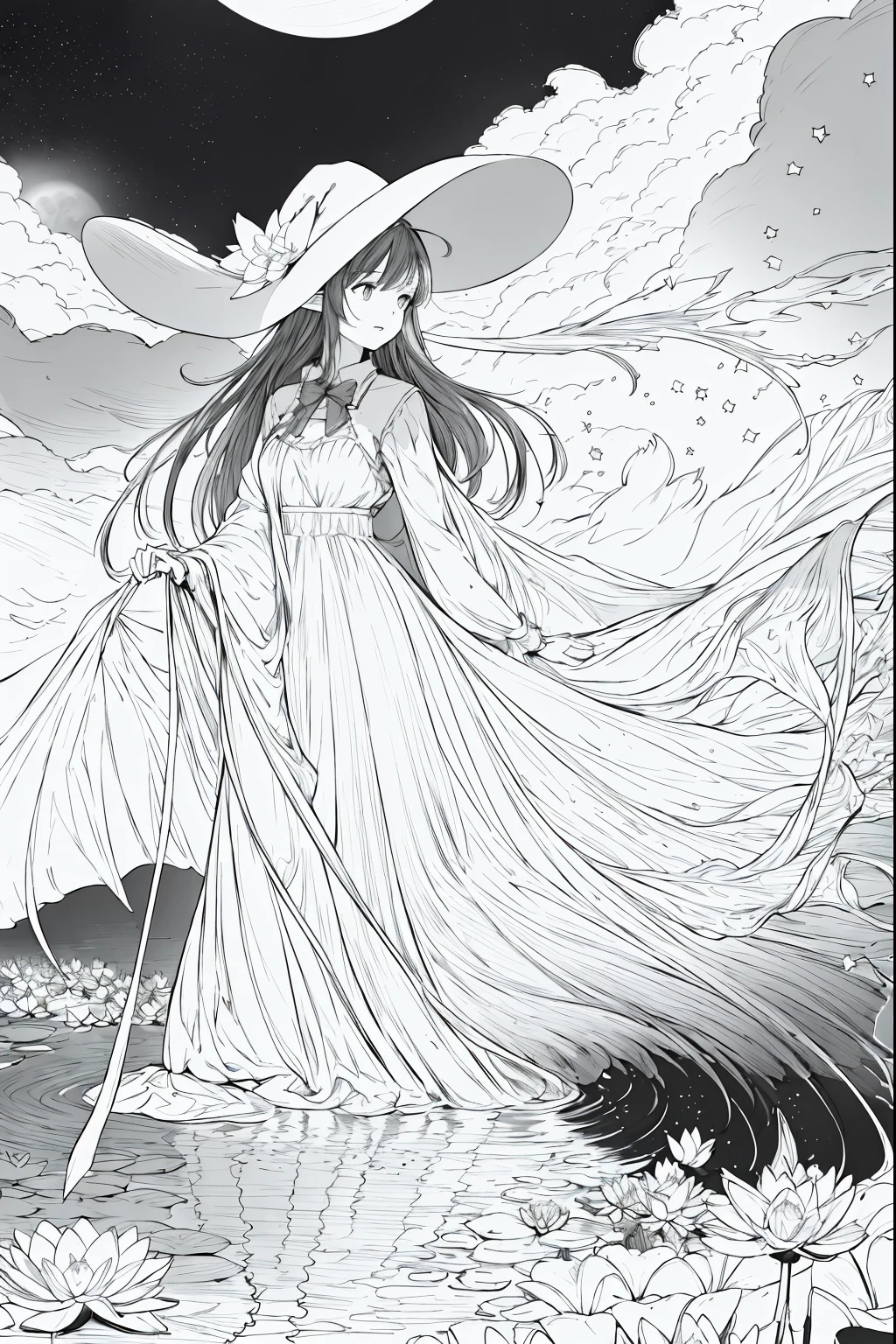 masterpiece, best quality,1girl, adjusting clothes, adjusting headwear, blush, bow, bowtie, breasts, brown eyes, brown hair, cloak, cloud, cloudy sky, crescent moon, dress, fantasy, flower, glowing, glowing flower, hat, light particles, lily pad, long hair, looking at viewer, moon, moonlight, mountain, mountainous horizon, night, outdoors, parted lips, pointy ears, pond, sky, small breasts, star (sky), starry sky, very long hair, wading, water lily flower, wind, witch, witch hat, lineart, monochrome,<lora:animeoutlineV4_16:1> <lora:add_detail:1>