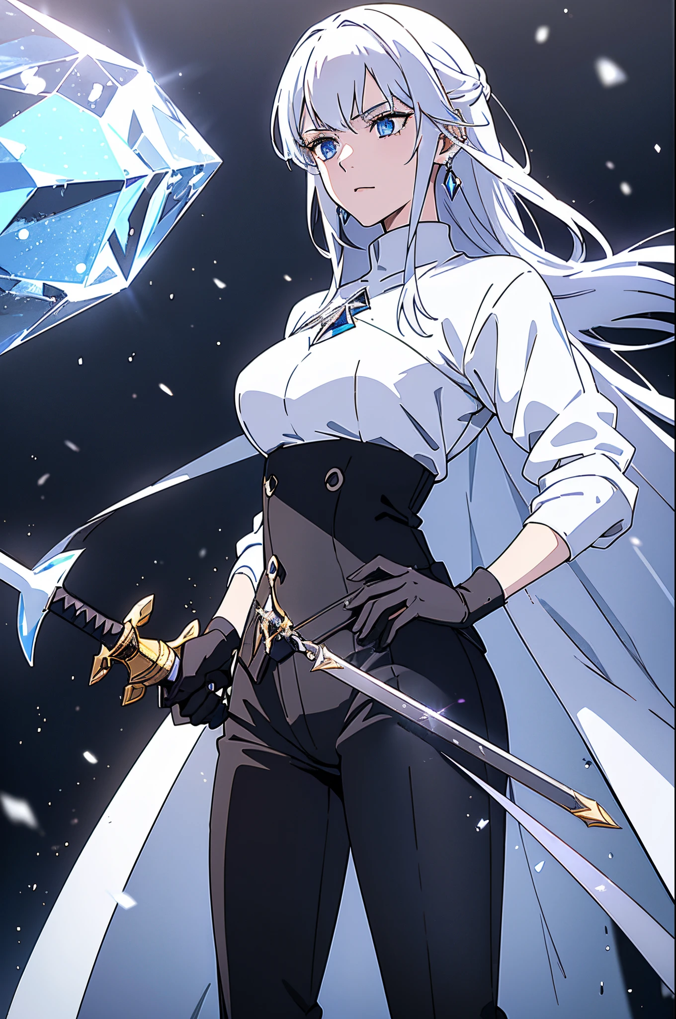 (best quality, high resolution), ultra-detailed, woman, young, 19 years old, swordsman, long white hair, snow-white skin, cold eyes, crystal blue eyes, black sweater, black pants, black cape, shining crystal sword, earring, crystal bottom.