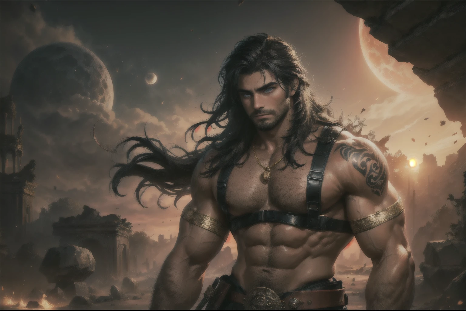 2 men, male, muscular, bodybuilder, (1 man with long red hair, stubble, blue eyes), (1 man with long black hair, stubble, grey eyes), wearing loincloth, shirtless, wearing jewel encrusted harness for weapons, (tattoos), (stubble), gold ornaments, grim expression, warriors in battle in ruins of a stone temple, sword, cuts, blood, a rust colored desert, two moons, orange sky, bokeh, raytracing, realistic textured skin, particle effects, depth of field, beautiful figure painting, bright light, amazing composition, HDR, volumetric lighting, ultra quality, elegant, highly detailed, masterpiece, best quality, high resolution,