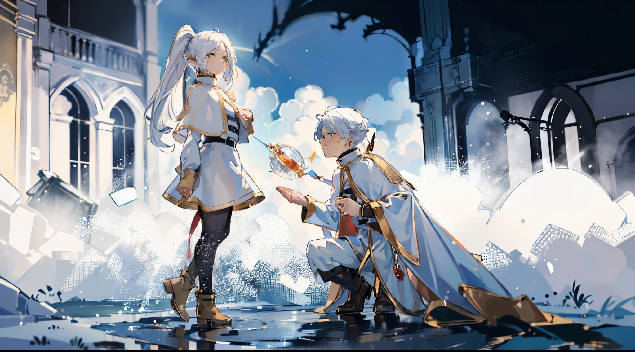 Two people (a boy and a girl, a boy in a cloak knelt in front of the girl to propose marriage,The girl stands in front of the boy),fll, twintails, 1girl, point ears, round face,white hair, green eyes, elf, pantyhose, long hair, black dress, white capelet, pantyhose sleeves earrings，(white background:1.5),(full body)