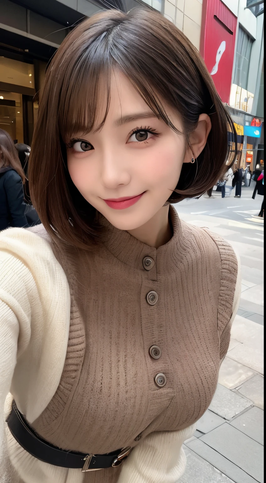masutepiece, Best Quality, Illustration, Ultra-detailed, finely detail, hight resolution, 8K Wallpaper, Perfect dynamic composition, Beautiful detailed eyes, Women's Fashion Summer,Medium Hair,Small breasts natural color lip, Bold sexy poses,Smile,Harajuku、20 years girl、Cute、Sexy shot looking at camera、Knitted sweaters