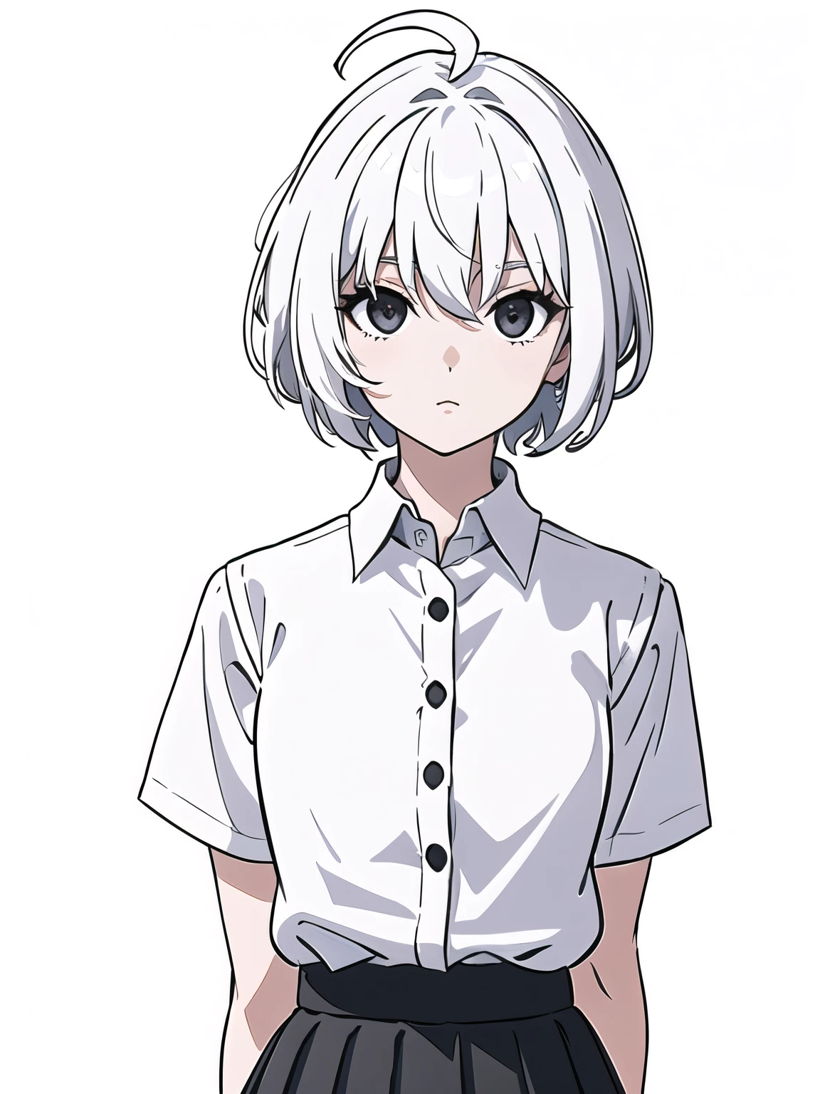 ((masterpiece, best quality)), (1girl), (solo), (female focus), (ahoge, white hair, short hair), black eyes, ((white shirt), (buttoned shirt)), ((black skirt), (short skirt)), standing, white background, arms behind back,