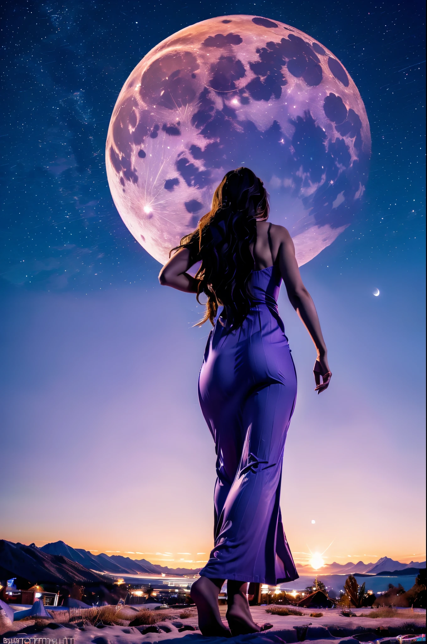 [[Lili.v2]], a woman standing in front of a full moon with a sky background, in front of a big moon, the moon in front of her, looking at the full moon, in front of a full moon, the moon presence, giant moon, her back to the camera, (Foto realism: 1.4), (hyper realisitc: 1.4), (actual: 1.3), (gentlesoftlighting: 1.05), cinematic, beautiful lady, 30 years old, walking toward the top of a mountain, night panoramic shot, full gigantic moon in the horizon, light purple dress, sexy long dress, long dress tale, wind blowing the dress and her long hair.