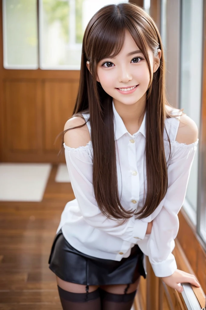 The cutest girl who works as a gravure idol、with shiny brown hair、She is captivating with her cute miniskirt and black pantyhose.。She smiled confidently.、Facing the camera in a professional pose。her fashion and expressions、A perfect balance between cuteness and elegance、It draws the viewer in and doesn't let go.。Through this scene、Express her charm to the fullest。"