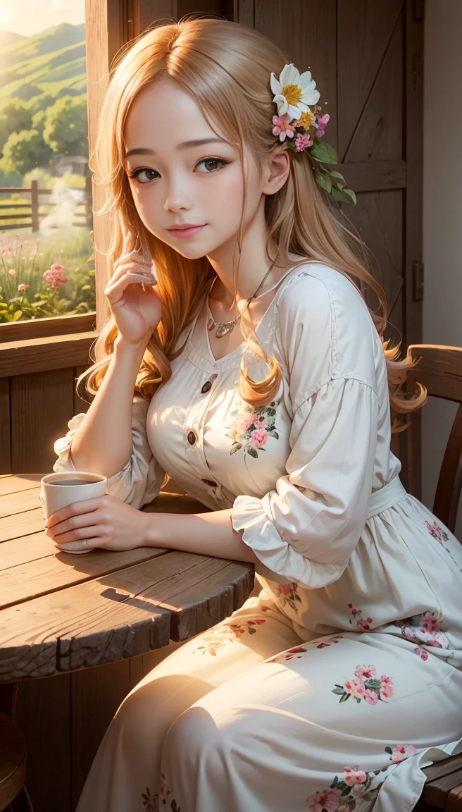 Best Quality,4K,8K,hight resolution,masutepiece:1.2,Ultra-detailed,Realistic, Bright and warm morning scenery,sunrise over a quiet countryside,The tree々Golden sunlight shining between,Dewdrops shining on fresh greenery, Birds chirping、sing the morning melody, A gentle breeze stirs the grass and flowers, A cozy cottage nestled in nature,Flowers blooming in bright colors々, Winding paths leading to hidden gardens, girl in a flowing dress, Enjoying morning coffee on the balcony, Beautiful detail eyes and lips, a bright smile on her face, Calm expression and calm atmosphere, Soft sunlight shining around her, A cup of steaming hot coffee on a wooden table, Against the backdrop of beautiful landscapes,floral pattern on girl&#39;s dress,Blooming flowers々create harmony that harmonizes with, warm and soft color palette, Pastel tones and gentle contrast, Soft and dreamy lighting, Enhance the tranquil atmosphere, Elements and textures inspired by nature, Provides a calm and natural atmosphere,Overall, This work is、It represents the beauty and tranquility of a gentle morning in the countryside.。, Inviting the viewer to immerse themselves in the tranquility and warmth of the scene。