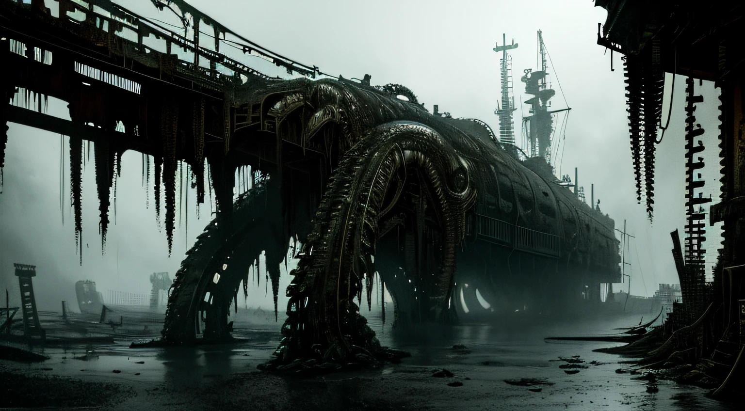 ((dark biopunk horror atmosphere tentacles)), biopunk pier, shipyard tentacle, Cold lighting, abandoned landscape in biopunk style, (Contempt for video game style), Horror atmosphere, the presence of something scary, very detailed biopunk background, von Hans Giger, perfect anatomy, Masterpiece