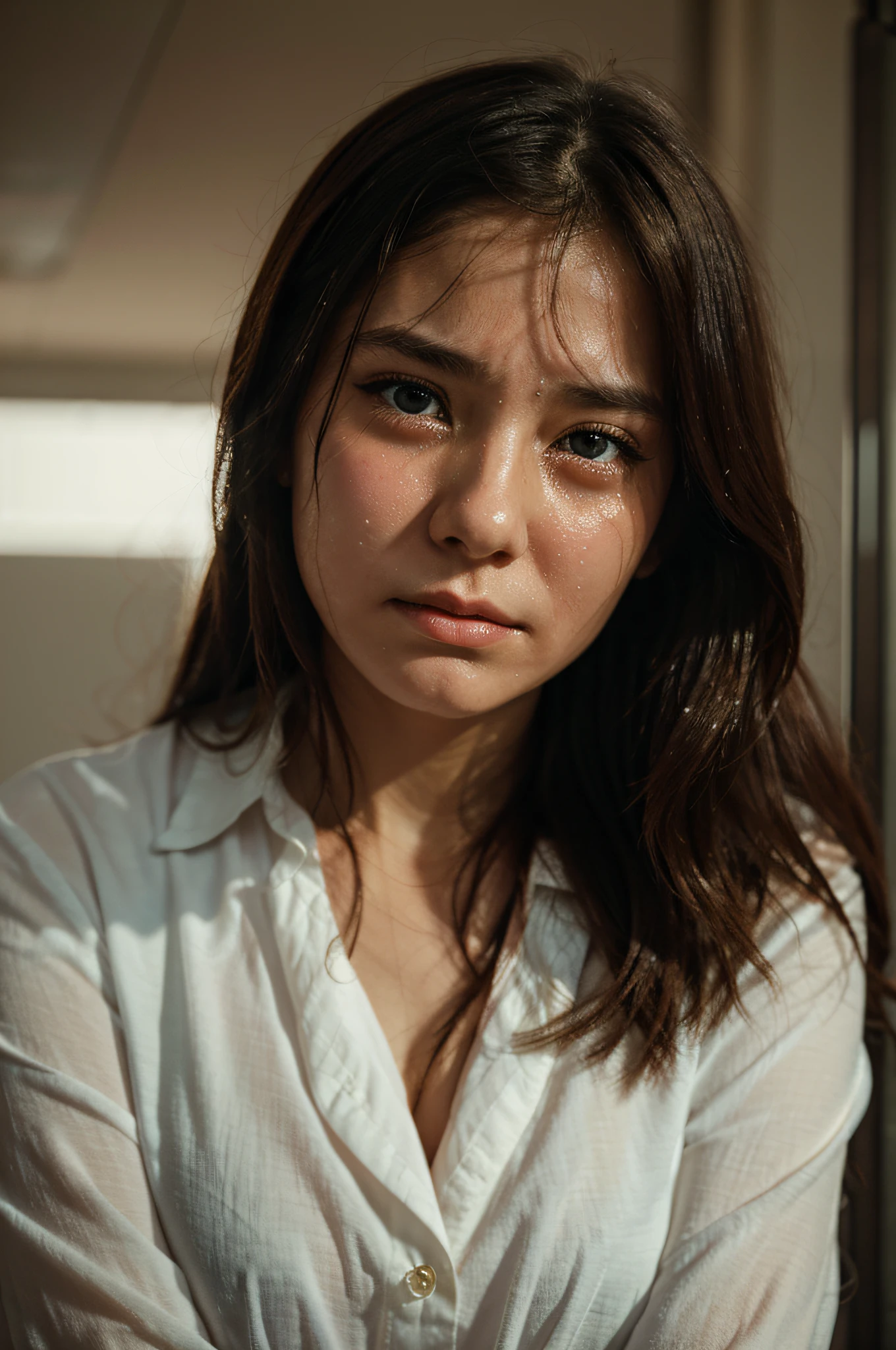 A close up of a woman in a white shirt looking at the camera - SeaArt AI