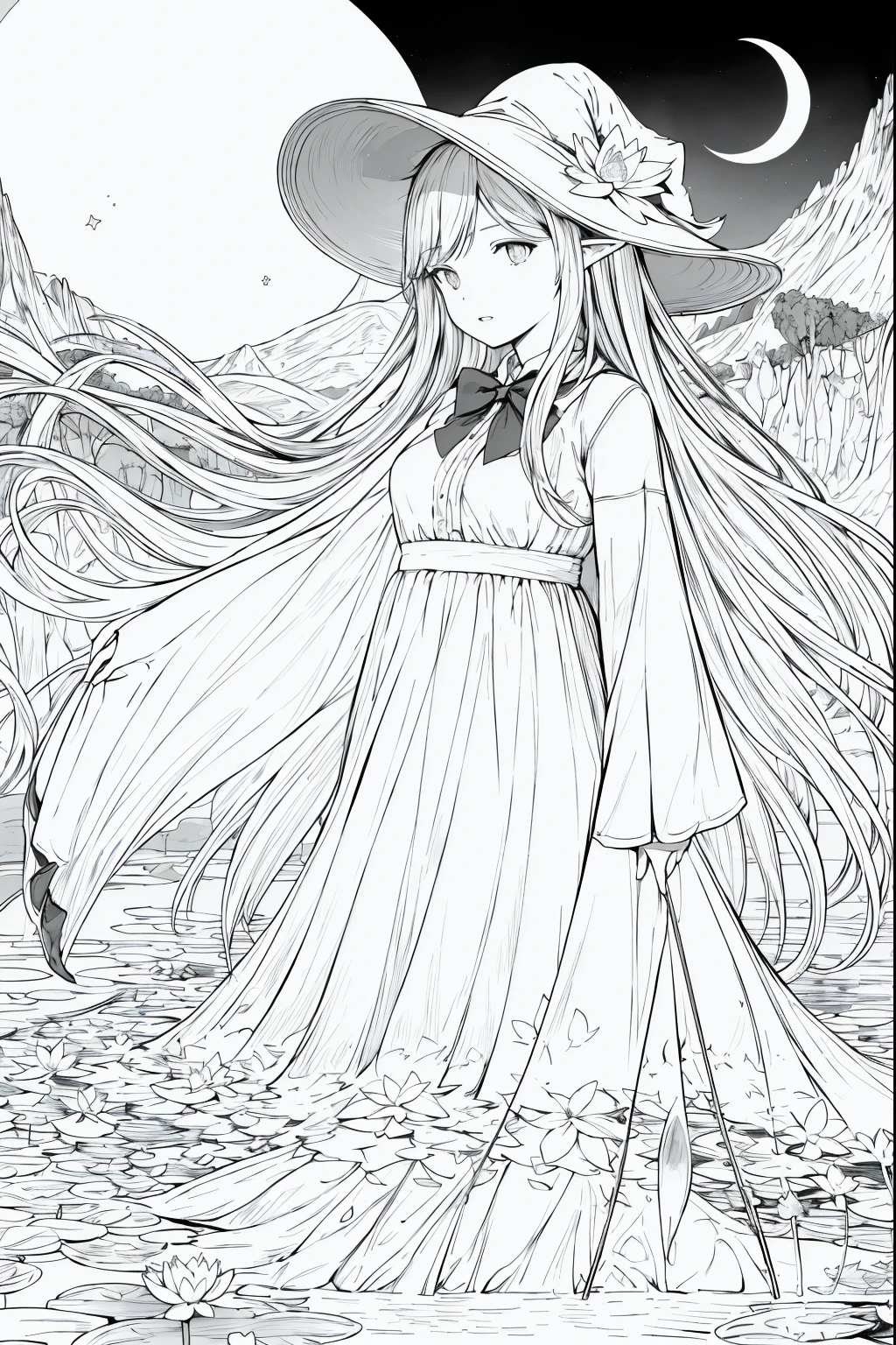 masterpiece, best quality,1girl, adjusting clothes, adjusting headwear, blush, bow, bowtie, breasts, brown eyes, brown hair, cloak, cloud, cloudy sky, crescent moon, dress, fantasy, flower, glowing, glowing flower, hat, light particles, lily pad, long hair, looking at viewer, moon, moonlight, mountain, mountainous horizon, night, outdoors, parted lips, pointy ears, pond, sky, small breasts, star (sky), starry sky, very long hair, wading, water lily flower, wind, witch, witch hat, lineart, monochrome, modenr city