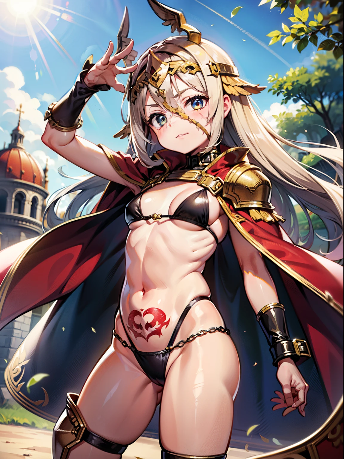 (li:1.6), bikni armor, arena, gladiator, tridant, chains, angel wings, face scar, gladiator, metal mask for helmet, very long hair, blonde scars on body, cowboyshot, exposed belly, cape, half naked, outdoors gladiator arena, body tatoos, body makes, scars, scar, wrist cuffs