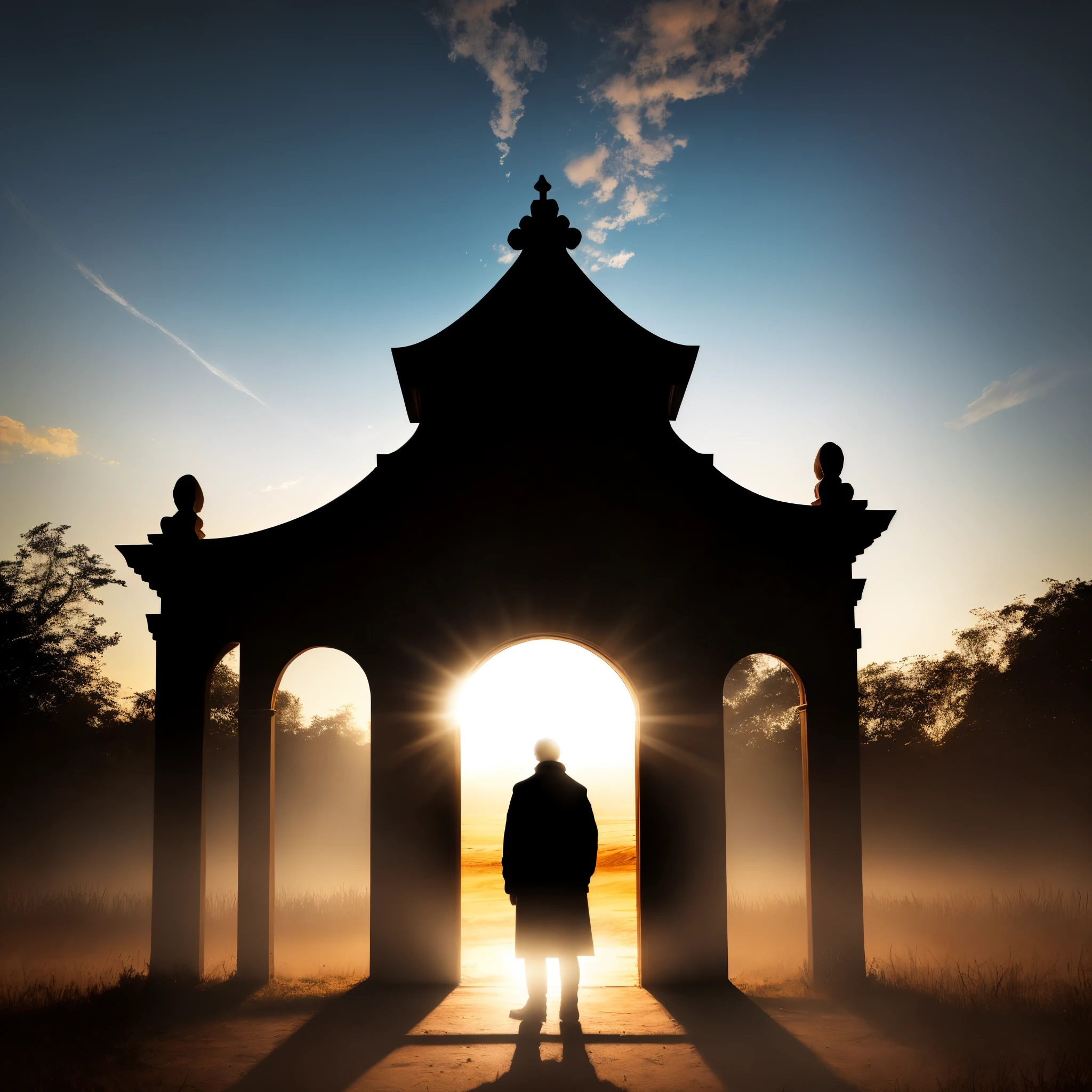 Black silhouette of a person standing in front of heavens gates