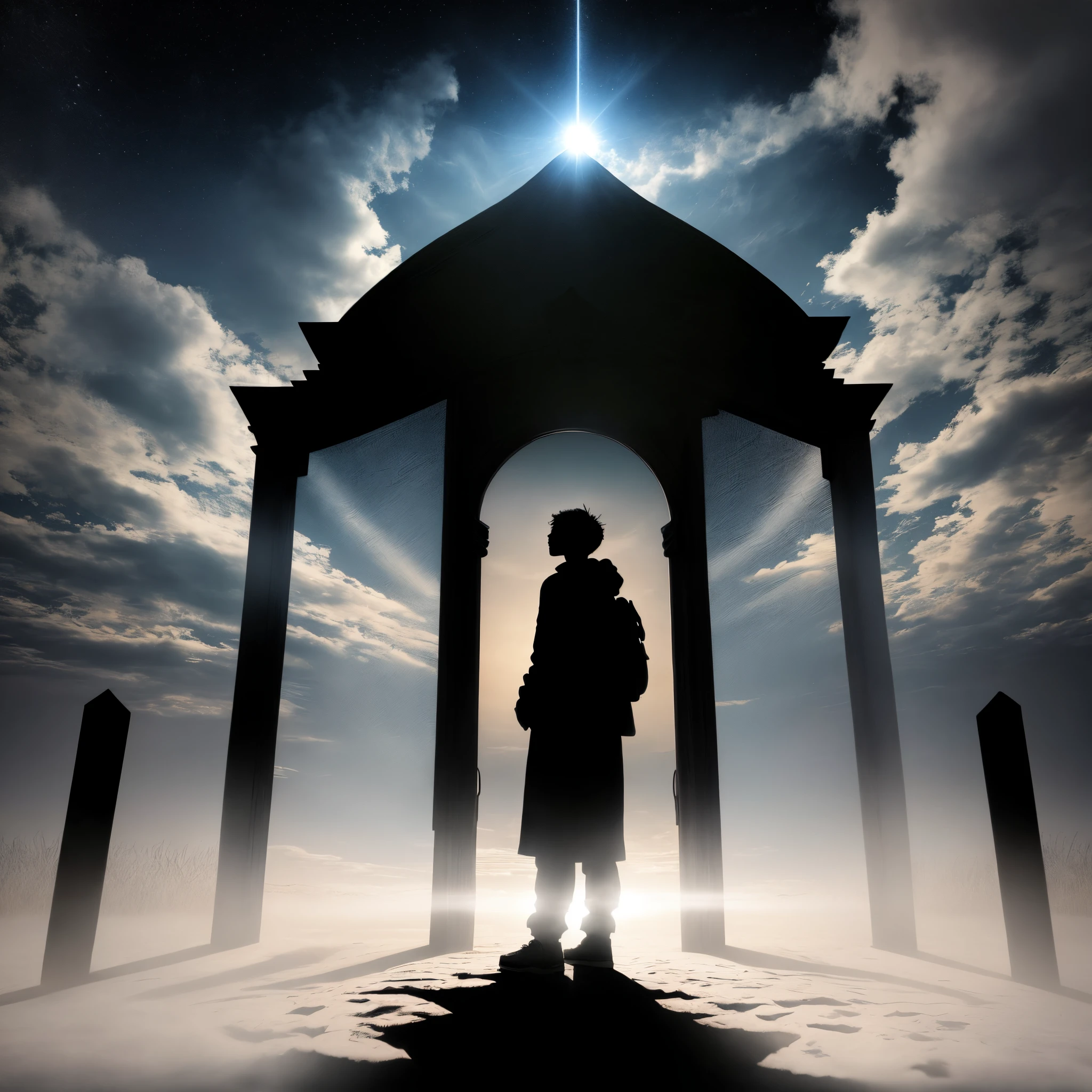 Black silhouette of a person standing in front of heavens gates