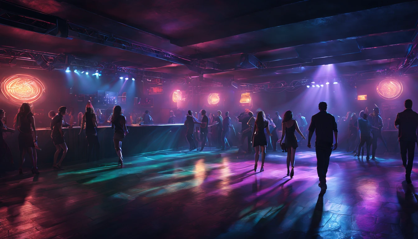 illustration night club interior with people on dancefloor hard shadows, professional colour grading, vivid colour scheme, shadowed, highly detailed, artgem greg rutkowski Masterpiece artstation octane ultra detailed