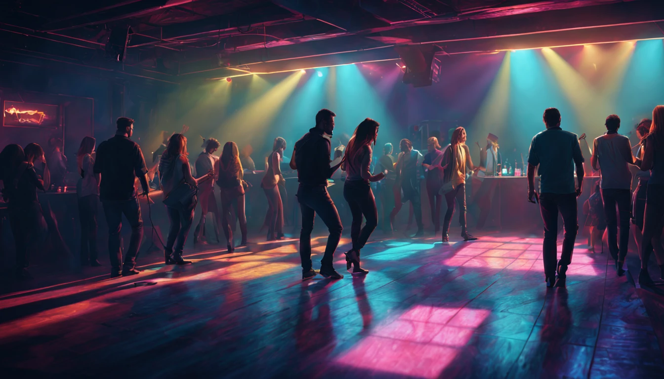 illustration night club interior with people on dancefloor hard shadows, professional colour grading, vivid colour scheme, shadowed, highly detailed, artgem greg rutkowski Masterpiece artstation octane ultra detailed