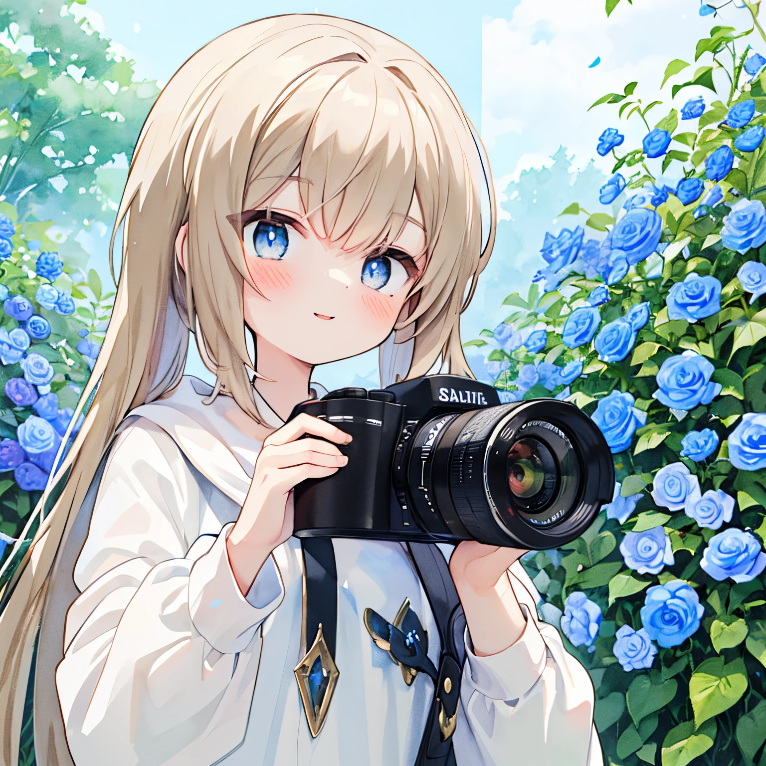 Transparent watercolor,girl with,Jewel Eyes,Beautiful arrangements and motifs、Originality、GAMECHARACTER DESIGN、depth of fields , Fantastic, Beauty、Transparency、GAMECHARACTER DESIGN、One girl、The upper part of the body、Have a camera、Lots of photos、Photos are scattered、The best smile、Hold the camera up、Hold the camera with both hands、brown haired、blue eyess、poneyTail、girl looking through the lens、Blue petals、cute blue flowers