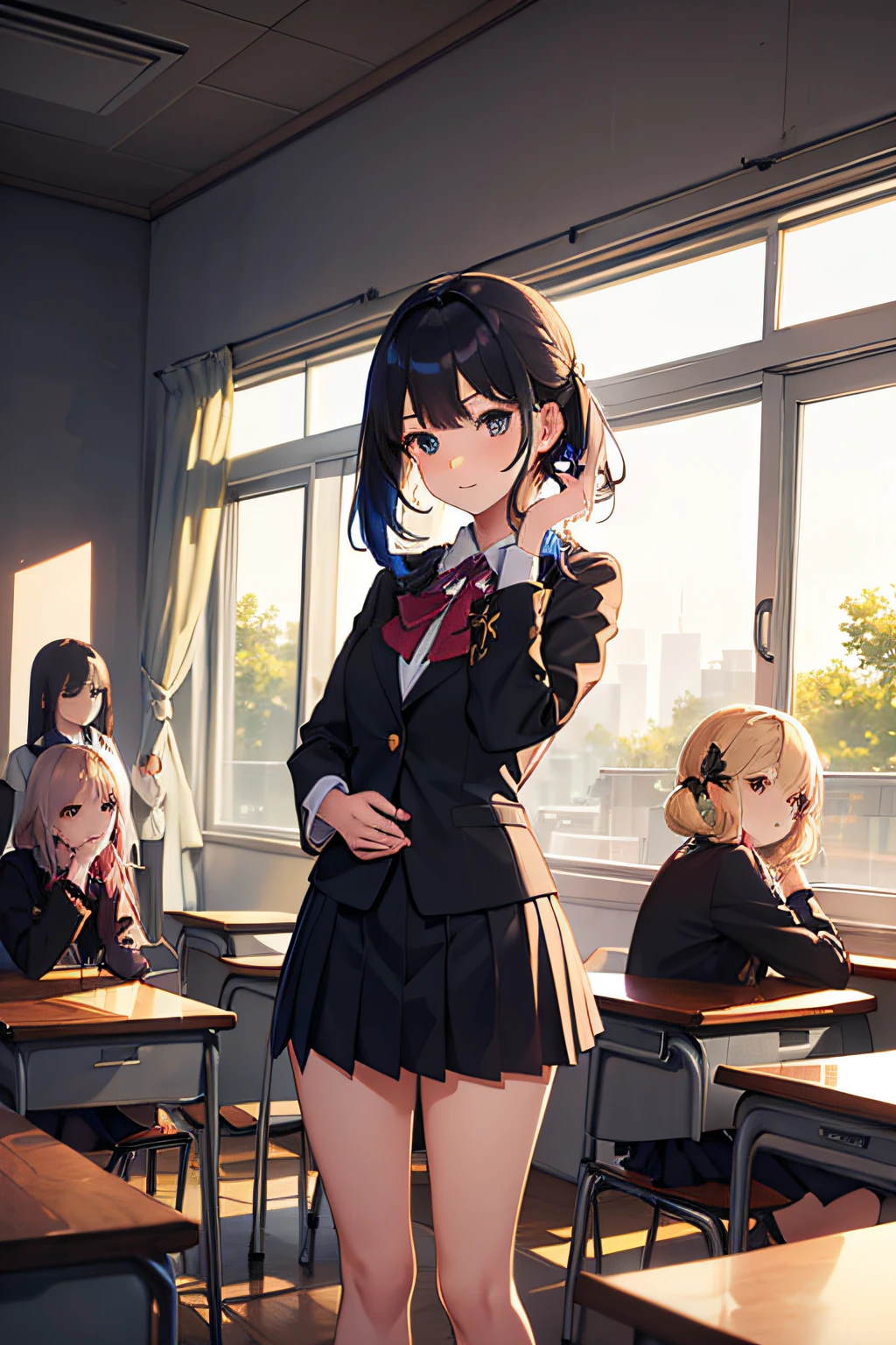 Masterpiece, Best Quality, hight resolution, Ultra Detailed, 3+Girls, (Each girl has her own hairstyle and hair color.:1.3), Anime School Uniform, (s face), in class, crowd, Evening, golden hour lighting, Backlighting