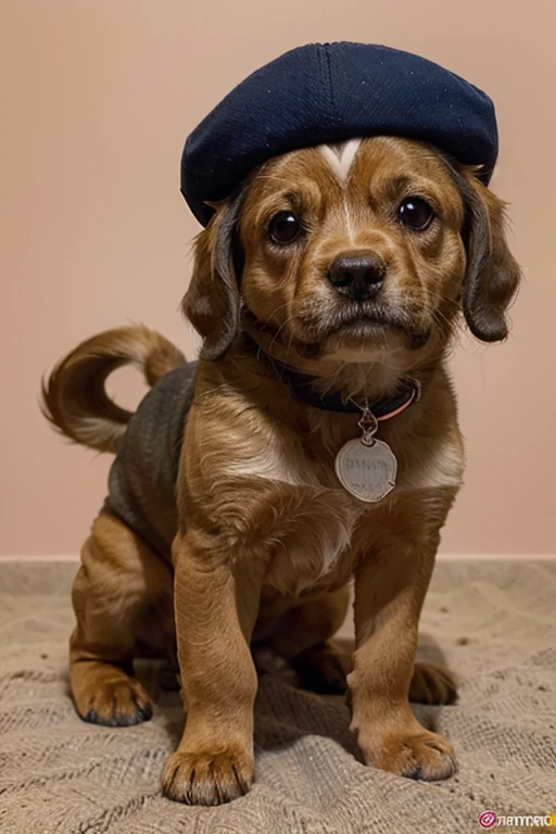 Gere uma imagem do cachorro caramelo brasileiro, com a cor do pelo bem dourada e bonita. Also add a hat with the Shopee store logo, laranja bem vibrante, e adicione um fundo lembrando uma loja de compras