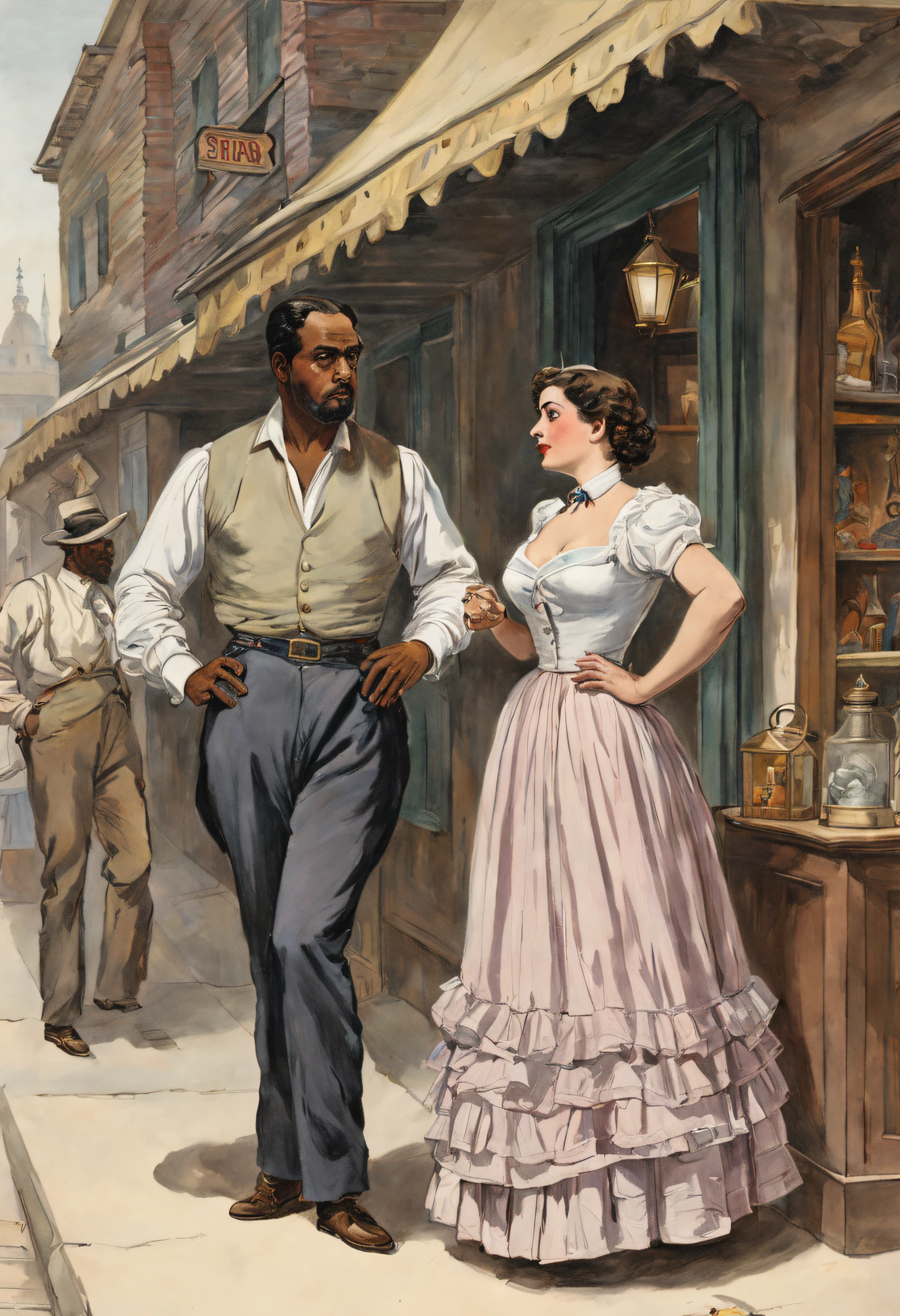 Full body view, A woman and a black man, volouptous western frontier bombshell Katy Jurado as a buxom curvy hourglass figured barmaid wearing grey skirt and white blouse is waiting for customers under a lantern in the street near the saloon by night, speaking face to face to different black gentleman, romantic era, coloured drawing by Ivor Davies, dressed in flowing clothes, coloured drawing by Helen Stevenson, in Victorian dress, 1871 Punch Magazine cartoon, coloured drawing by Elsie Dalton Hewland, Victorian dress, coloured drawing by James Cadenhead, photograph of a spectator, coloured drawing by William Mustart Lockhart, coloured drawing by Andrew Loomis and Charles Dana Gibson, Mysterious