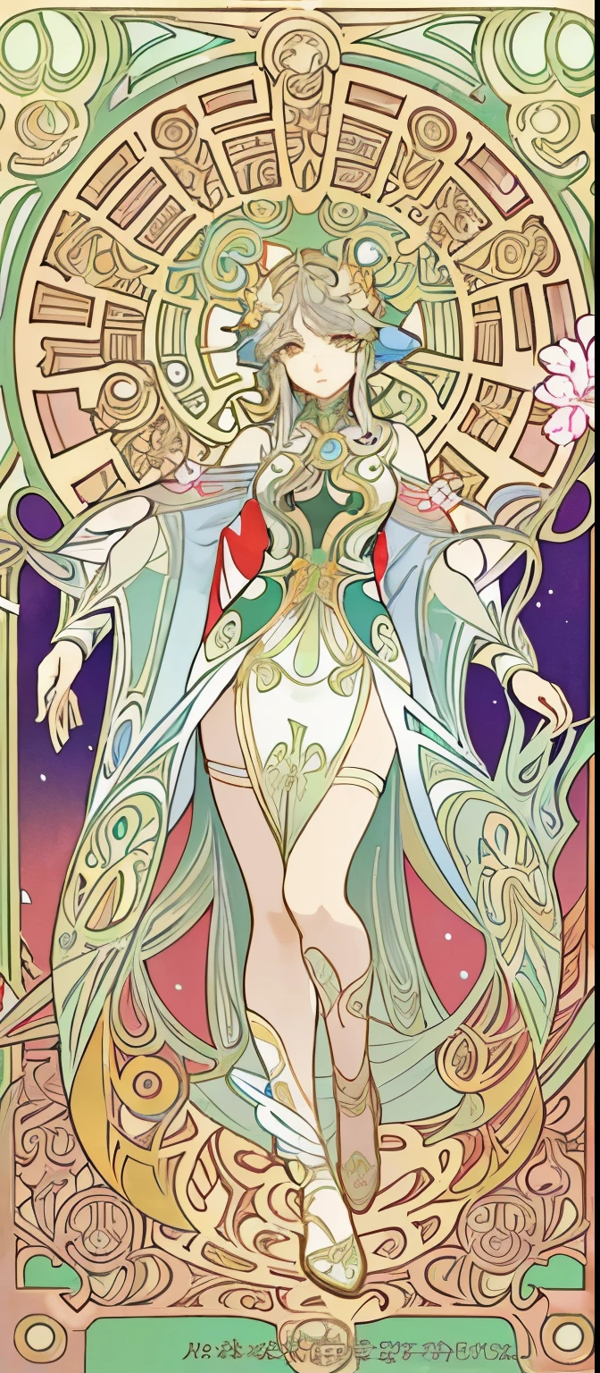 a painting of the cheshirecat, anime art nouveau, alphonse mucha and rossdraws, alphonse mucha style, korean art nouveau anime, flat shading mucha, in style of alphonse mucha, demura and alphonse mucha, anime art nouveau cosmic display, inspired by Alfonse Mucha, mucha style, flat cel shading mucha