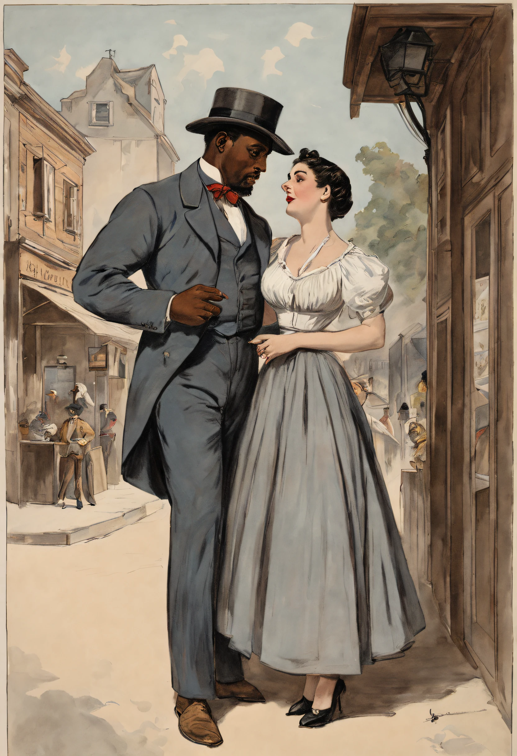 Well-dressed black couple, 1800, 1700, 1600, black and red clothes, cigarette, hats, woman with long black hair, walking on old tiled street, lamppost lighting