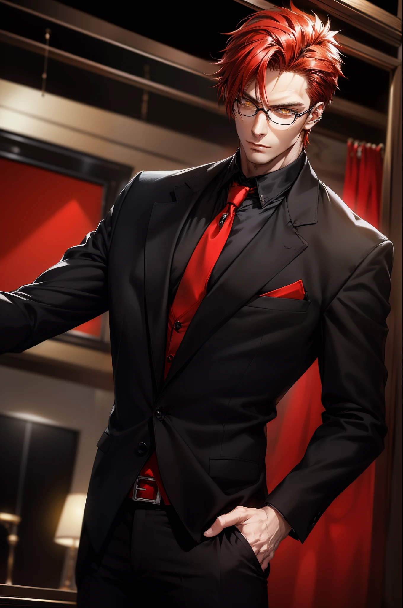 (1 male, man, a man 20-30 years old, handsome, seductive, attractive, sexy, a fierce look, piercing gaze, yellow eyes, red hair), (dressed in a slick black suit, red shirt, black necktie, red round glasses)