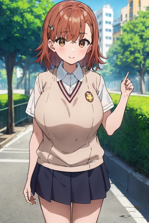 Misaka_Mikoto, 1girl, sozinho, escola_uniforme,((huge_breast)), Tokiwadai_escola_uniforme, sweater_Oeste, saia, saco, corar, Building, tree, escola_saco, dia, escola_pasta, cidade, heaven, ao ar livre, Cloud, propriedade, marrom_sweater_Oeste, ((alta qualidade))