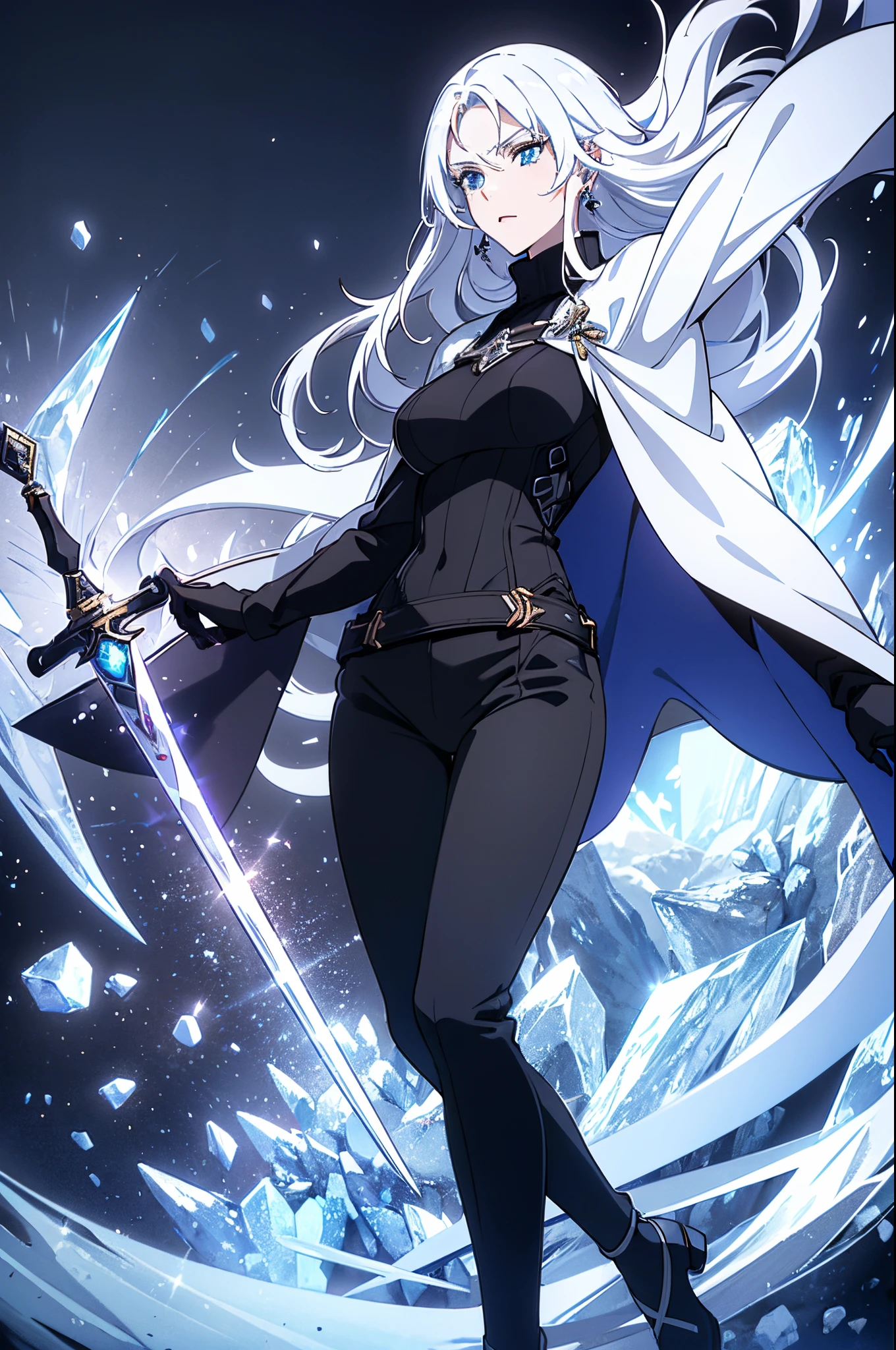 (best quality, high resolution), ultra-detailed, woman, young, 19 years old, swordsman, long white hair, snow-white skin, cold eyes, crystal blue eyes, black sweater, black pants, black cape, shining crystal sword, earring, crystal bottom.