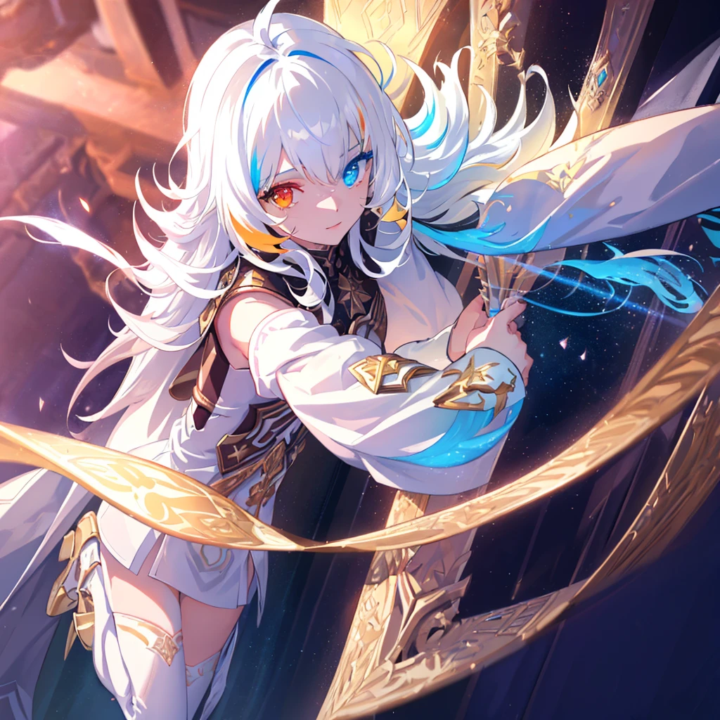 {a man wearing white armor with white cape fighting}}, {{masterpiece}}, best quality, extremely detailed CG unity 8k wallpaper, cinematic lighting, lens flare, beautiful detail eyes, full body, black, multicolor hair, colorful light particles, heterochromia, (colorful:1.5), (colorful hair:1.5),
