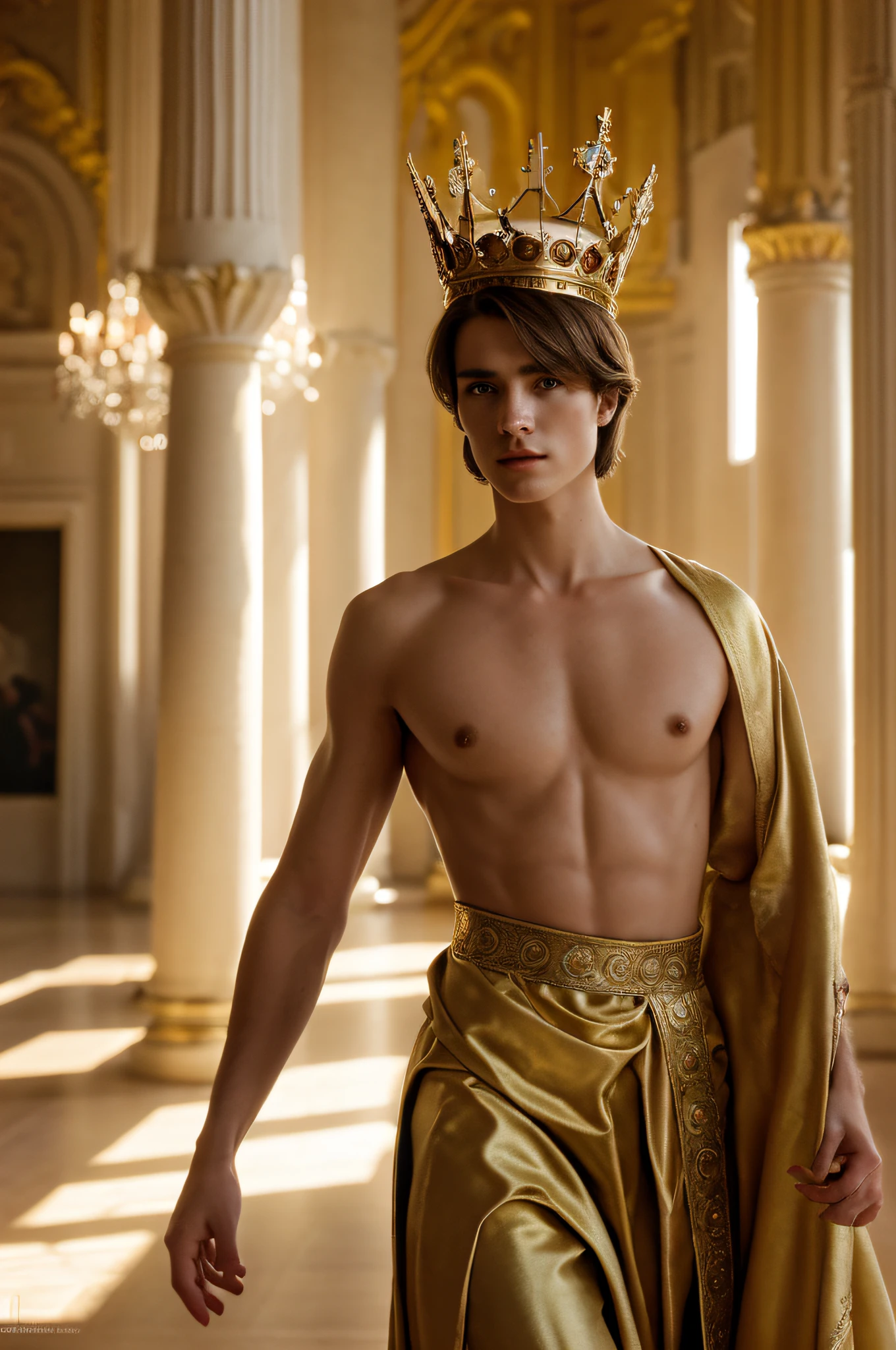 En los grandes salones del palacio, un joven rey europeo se mantiene erguido, su corona de oro posada sobre su cabeza. Beautiful facial features, aesthetic, sensualidad, hombre cautivador, torso desnudo, elegancia, majestad, retrato, realista, Super detailed, medieval prince clothes, seda, torso desnudo, Anatomical Perfection, movie grain, fine art photography, perfect composition, Hermoso detalle, Perfect cinematic light