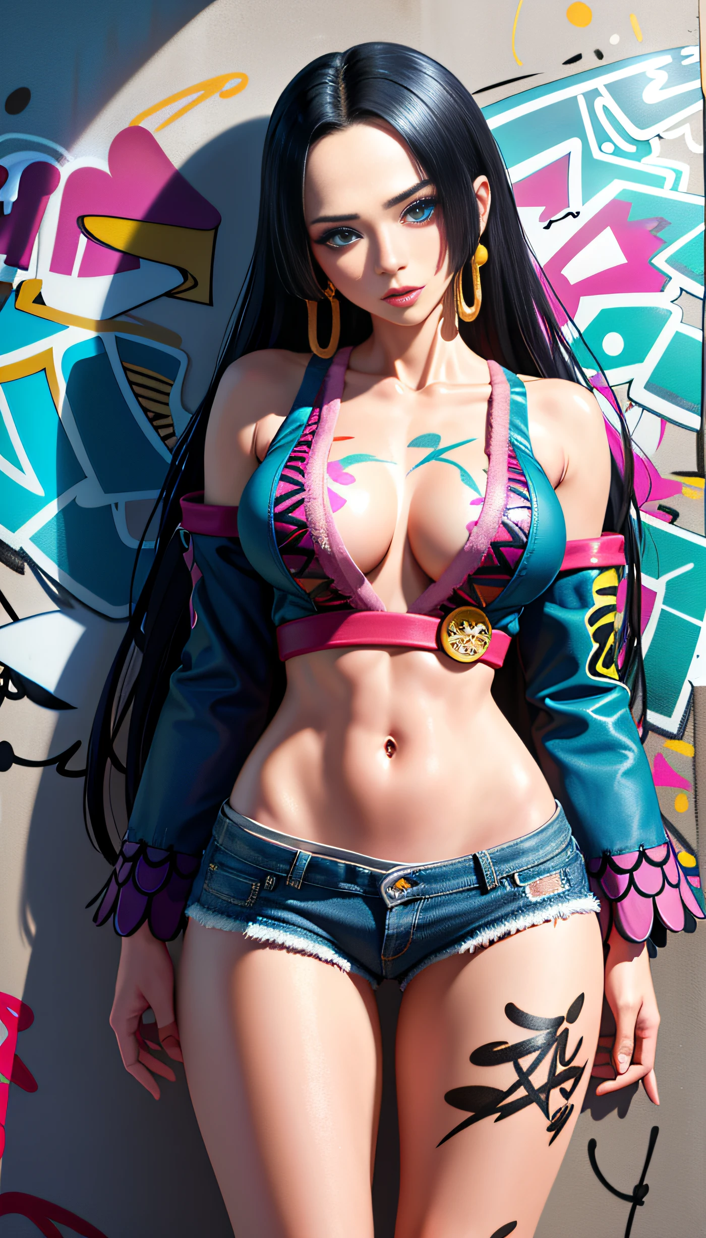masterpiece, best quality, (extremely detailed CG unity 8k wallpaper, masterpiece, best quality, ultra-detailed, masterpiece, best quality, 1girl, solo, crop top, denim shorts, choker, (graffiti:1.5), paint splatter, arms behind back, against wall, looking at viewer, armband, thigh strap, paint on body, head tilt, bored, multicolored hair, aqua eyes, headset, Boa Hancock,