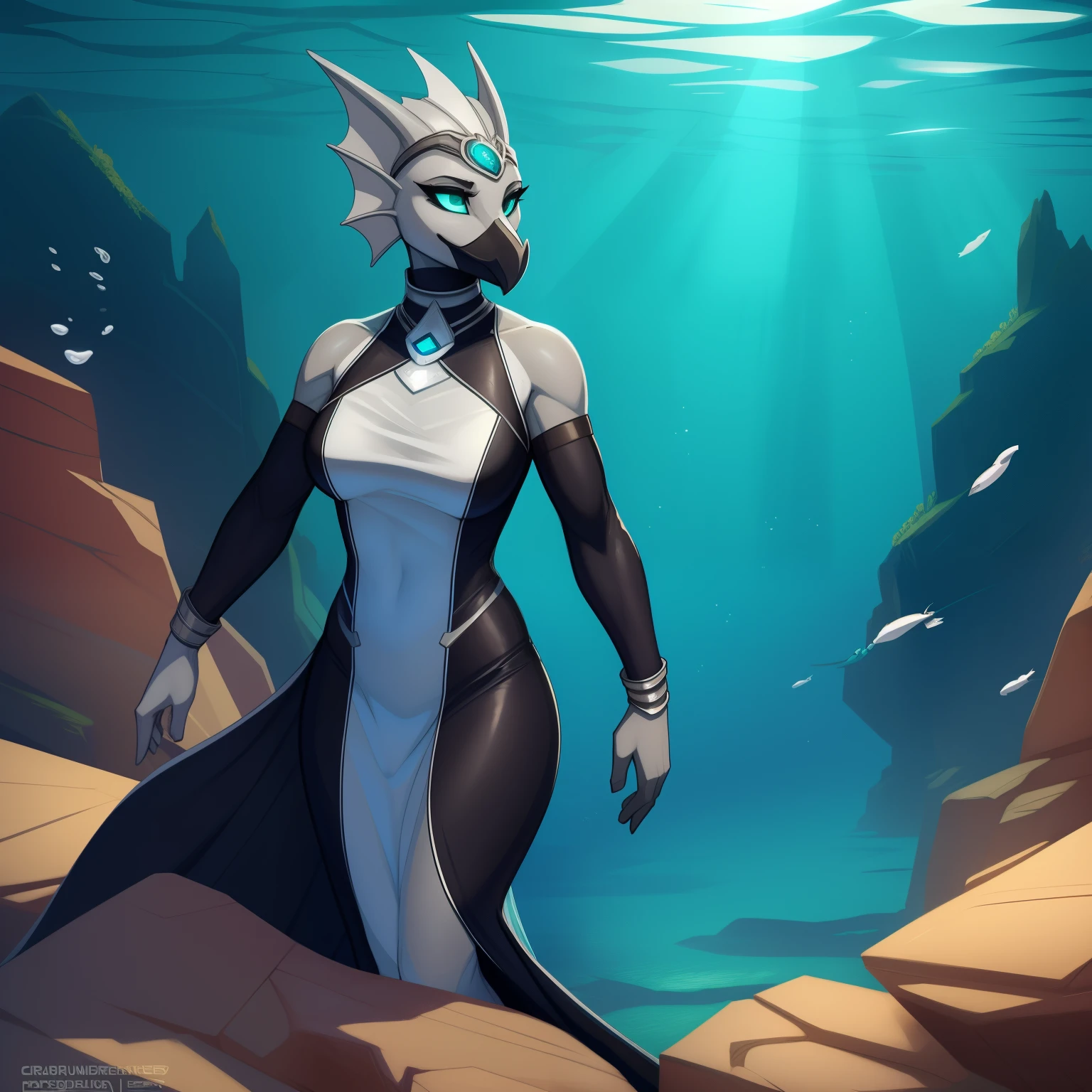 Lanky_muscular_sea_serpent female gray_scaled_body teal_eyes fins tail black_beak solo Masterpiece best_quality absurdres highly_detailed skintight_gown silver_circlet silver_gorget silver_bracers cleanly_drawn_eyes anthro_only by_claweddrip, by_greasymojo, by_underscore-b, by_runawaystride underwater swimming