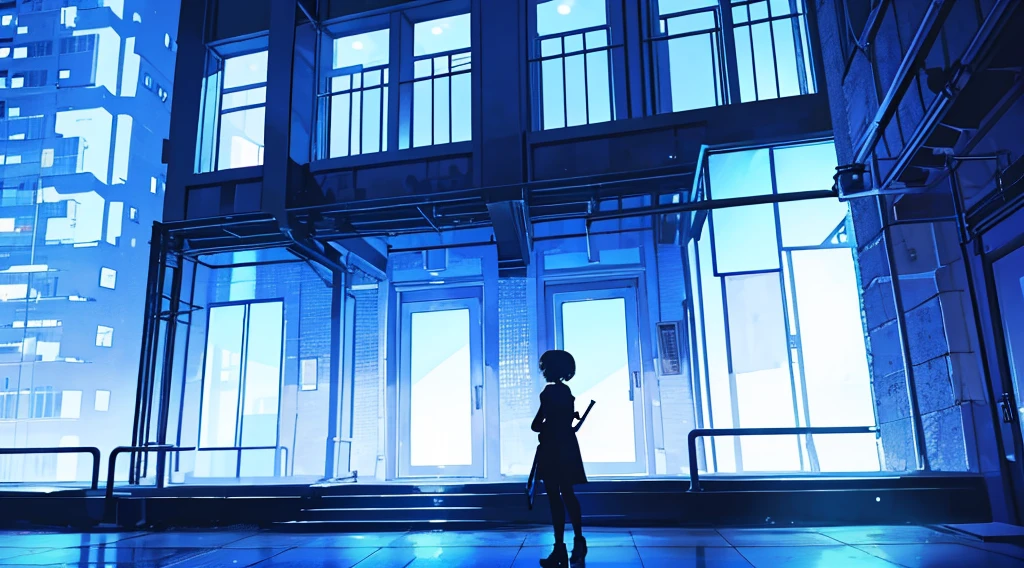 building silhouette, glowing blue color