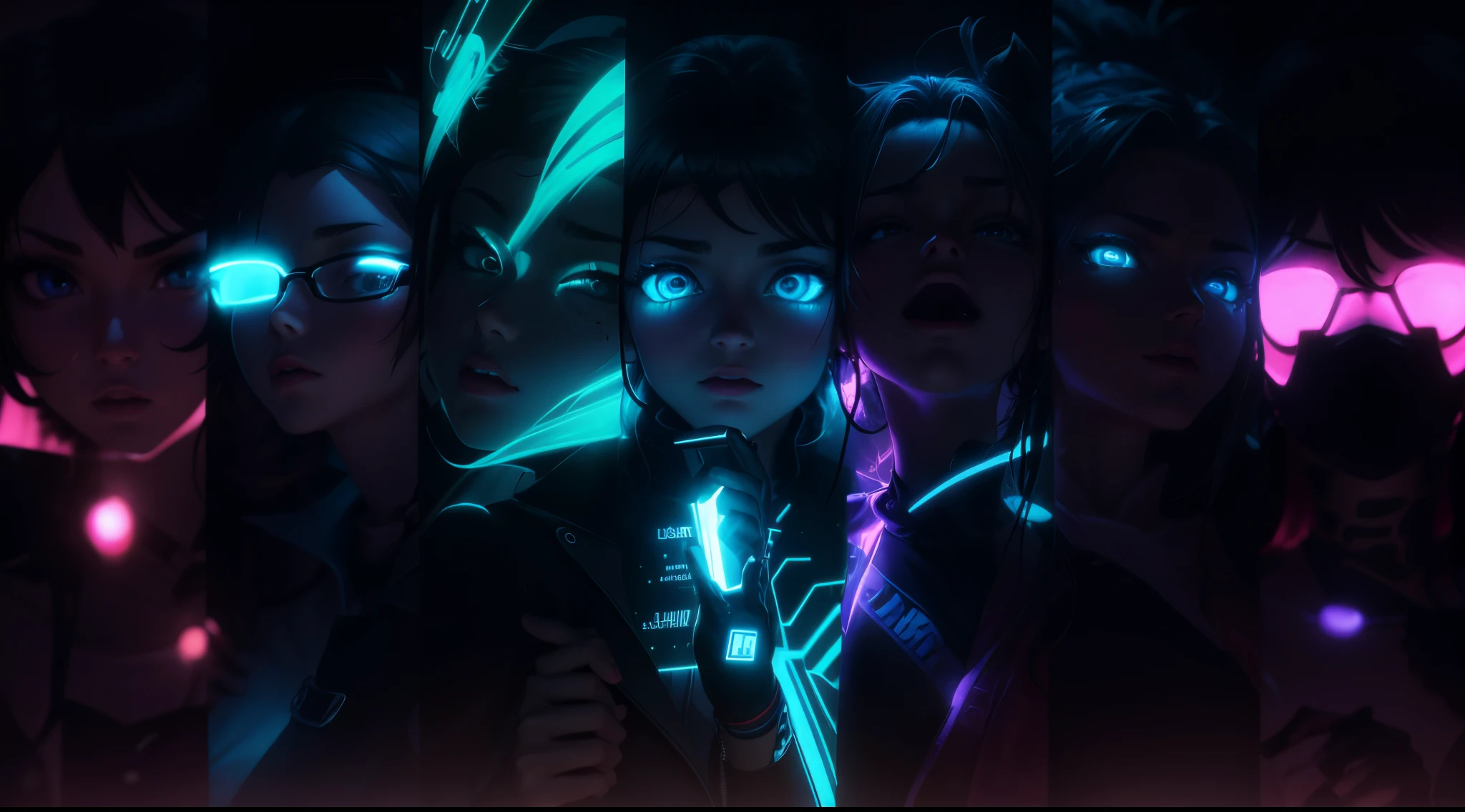 Imagine a vibrant and unique scene: a night scene shrouded in neon, where phonk-style anime characters dance to catchy beats. Vibrant lines and fluorescent colors highlight your energetic expressions, while the shadows play an intriguing game of light and dark. Create an image that captures the essence of the phonk style, with characters in dynamic poses, enveloped by the pulsating atmosphere of the music and the striking visuals of urban elements illuminated by neon light. Esta cena deve intrigar e atrair quem a observa, despertando curiosidade e convidando-os a explorar mais desse mundo estilizado e envolvente. estilo hardstyle phonk com os olhos brilhando