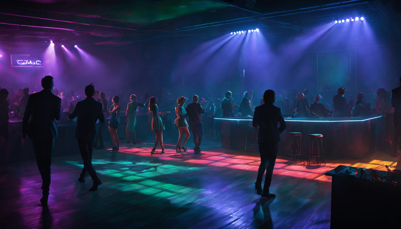 illustration night club interior with people on dancefloor hard shadows, professional colour grading, vivid colour scheme, shadowed, highly detailed, artgem greg rutkowski Masterpiece artstation octane ultra detailed