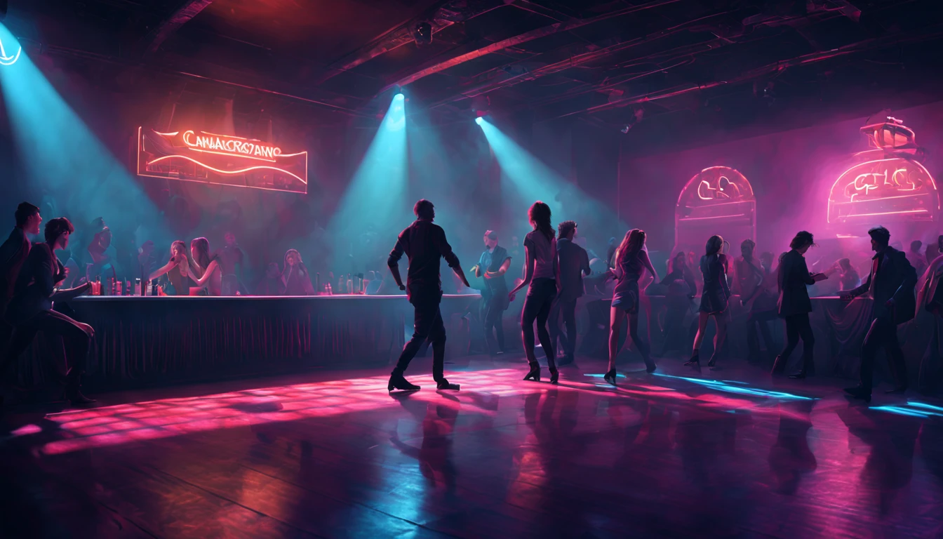 illustration night club interior with people on dancefloor hard shadows, professional colour grading, vivid colour scheme, shadowed, highly detailed, artgem greg rutkowski Masterpiece artstation octane ultra detailed