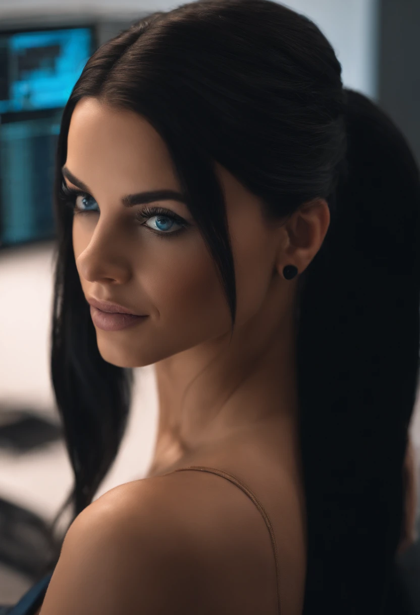 A photo of Madison giving a live demonstration of a new AI assistant at the office.,original,Madison Kane is a tall woman with jet black hair in a ponytail, and piercing blue eyes. Her skin is a fairer tone, and flawless. , female