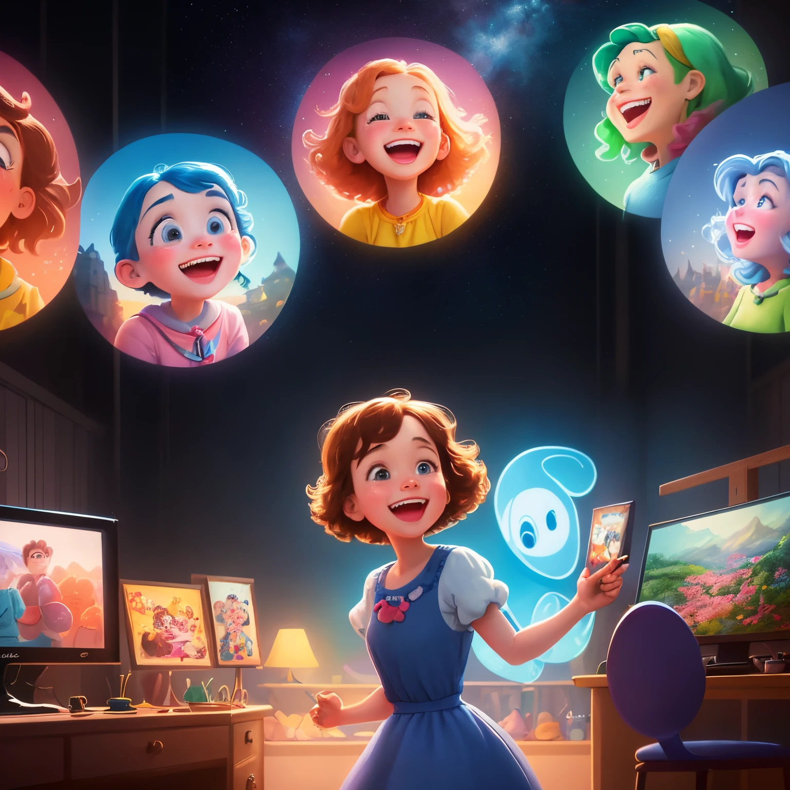 In a colorful illustration, a joyful and lively scene showcases beloved characters and captivating stories from Disney Pixar. The vividly portrayed characters come to life, their expressions and emotions incredibly detailed and authentic. The scene is rendered with a medium, combining the glorious techniques of hand-drawn animation and computer-generated imagery, resulting in a visually stunning masterpiece. The inclusion of high-quality materials and meticulous attention to detail ensures the creation of a high-resolution artwork, capturing the magic and charm of Disney Pixar's world. The art style seamlessly combines elements of classic cartoon aesthetics with modern techniques, resulting in a unique and captivating visual experience. The color palette is vibrant, filled with a wide range of hues that evoke a sense of joy and excitement. The lighting emphasizes the depth and texture of the illustration, adding dimension and realism to the scene. The entire composition exudes a sense of wonder, inviting viewers to immerse themselves in the enchanting world of Disney Pixar.