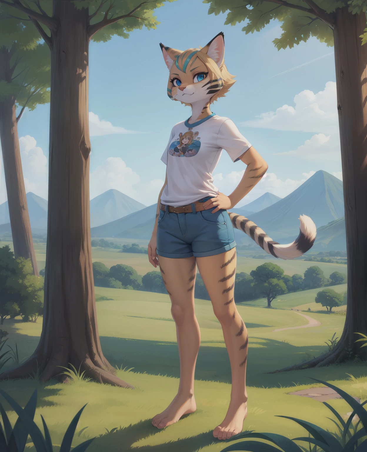 ((master part)), ((best quality)), (illustration, Cartoon, colorido), furry female, Guepardo, Felino, felino, mammal, antro, blonde hair, garments, female, pele,  Hair, sozinho, Camisa branca de manga curta, blue shorts, barefoot, (((A Long Shot, retrato de corpo inteiro))), tail, grama, brazi, Montanhas, sunlight, sozinho, Standing, parte superior do corpo, hand on hip