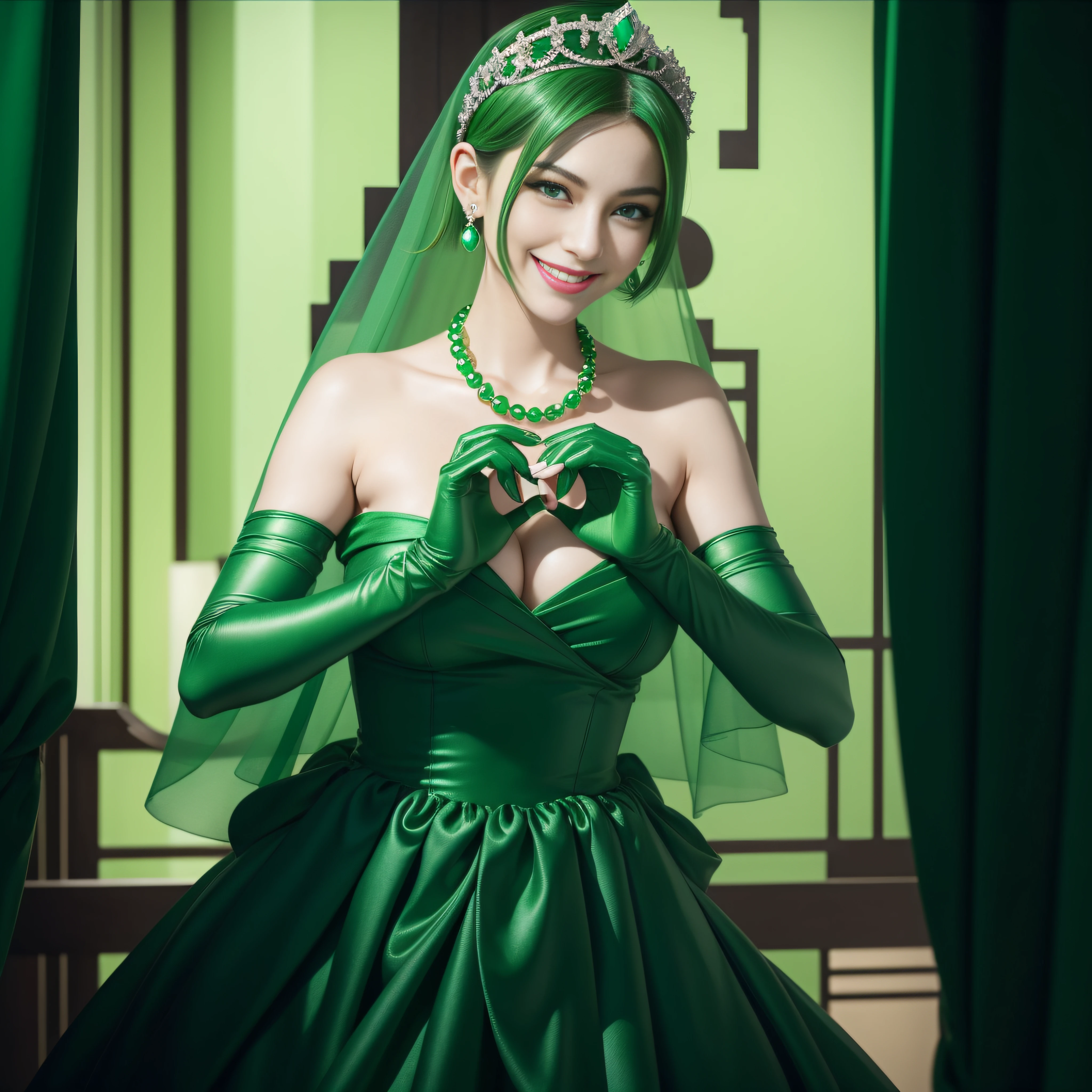 emerald tiara, Green Pearl Necklace, Boyish very short green hair, lipsticks, Japan woman smiling, very short short hair,  big breasts beautiful, Green eyes, Long green gloves made of satin material, Green eyes, Emerald Earrings, green vale, Heart with both hands