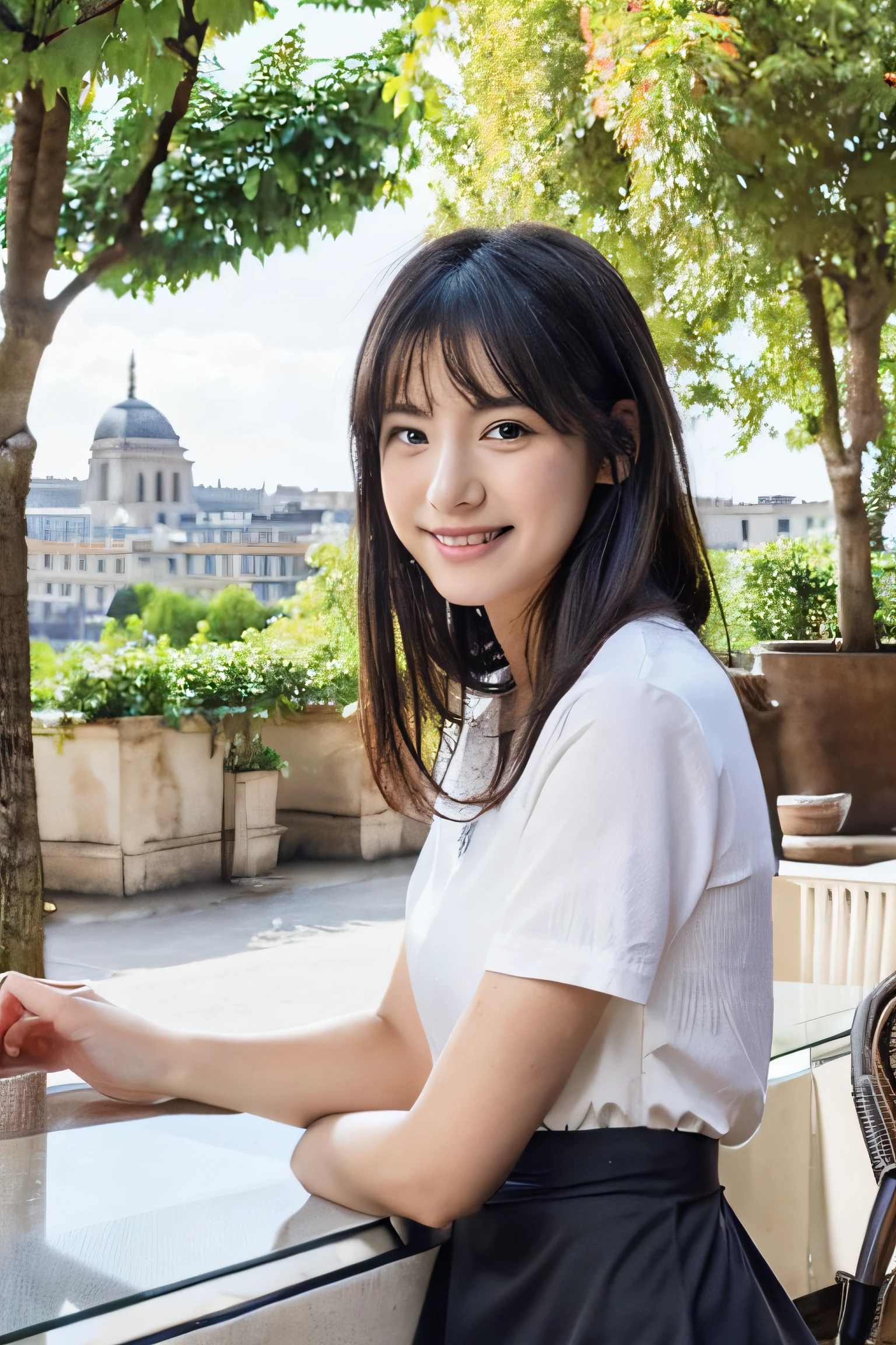 Ultra high-definition images,1 girl,(Black hair semi-long)(Beautiful hair), actress, Smile, Shiny skin, Best Quality, masutepiece, (Photorealistic:1.4), Terrace seating, ue, France, Paris, Denim Mini Skirt (Realistic fabric), short white sleeves (Cotton fabric), (No logo), A cafe on a hill with a view of the Arc de Triomphe in the distance,terraces, ssmile