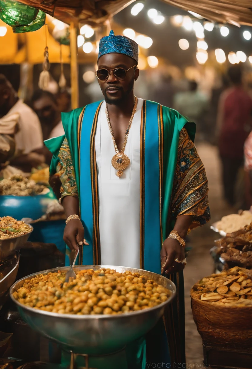 Adekunle is sampling a variety of exotic street foods at a bustling night market,original,Prince Adekunle Adebayo, a fictitious Nigerian royal, portrays himself with an aura of elegance and persuasive charm. He’s often seen in opulent, traditional Nigerian robes, his appearance crowned by a confident, yet earnest expression, designed to evoke trust and sympathy., male