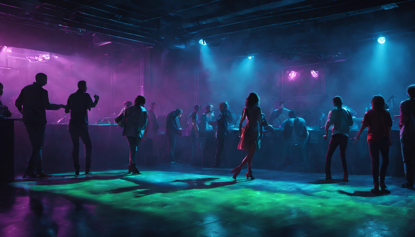 illustration night club interior with people on dancefloor hard shadows, professional colour grading, vivid colour scheme, shadowed, highly detailed, artgem greg rutkowski Masterpiece artstation octane ultra detailed