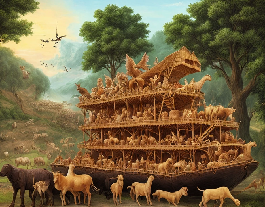 Create a picture of Noah's ark with animals entering it