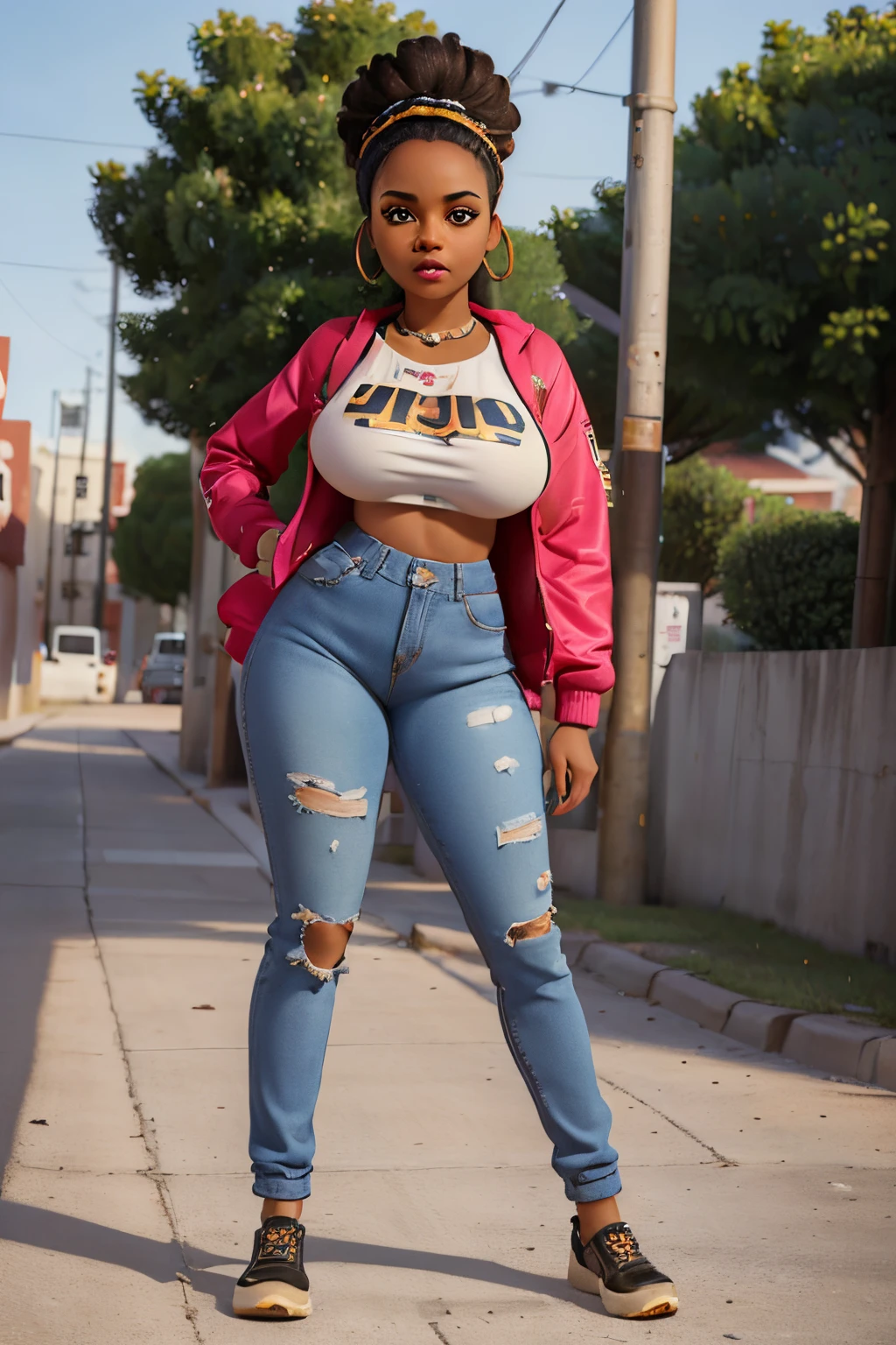 (best quality,4k,8k,highres,masterpiece:1.2),ultra-detailed,(realistic,photorealistic,photo-realistic:1.37),A slutty black African American mid-20s woman with big tits Dressed in trashy streetwear in a ghetto, posing for OnlyFans