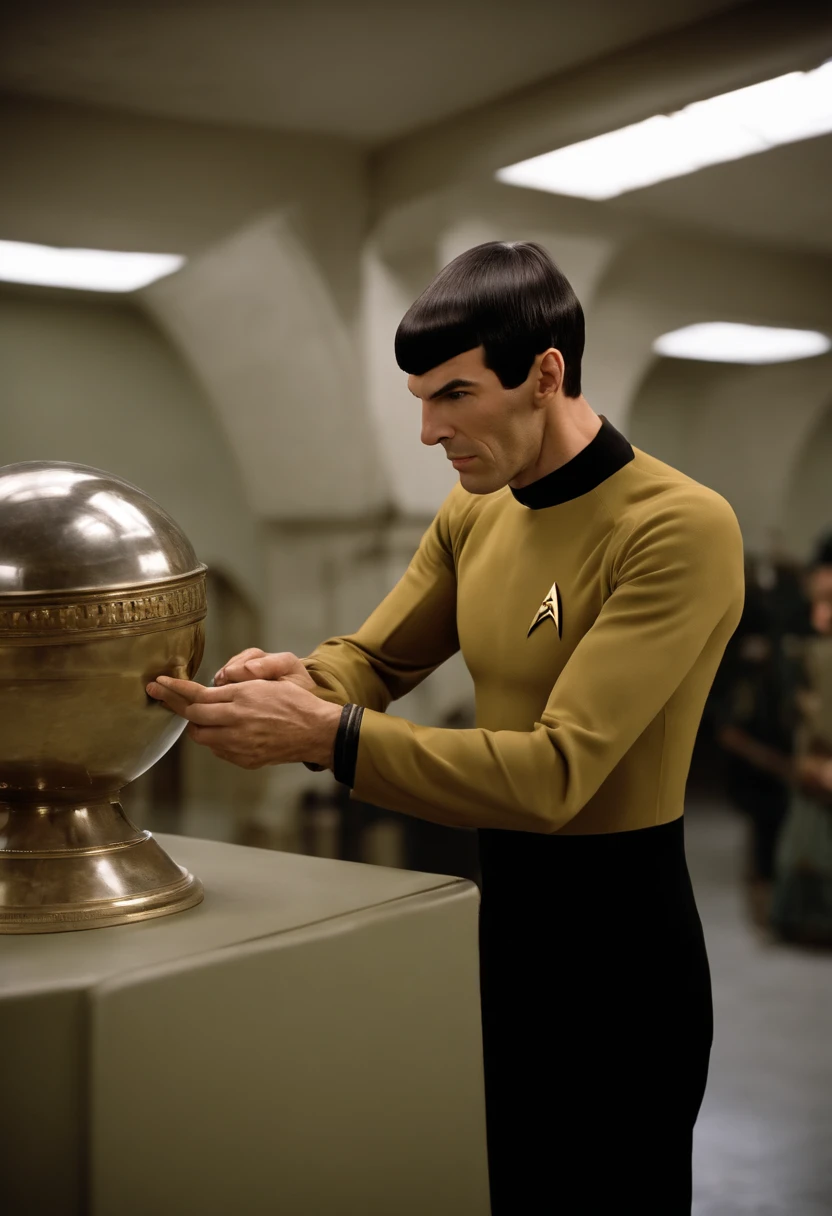 A photo of Spock at the Vulcan Science Academy, examining a rare and ancient Vulcan artifact.,Star Trek,Spock, the iconic character from “Star Trek,” is distinguished by his unique Vulcan appearance: sharp, angular features, with notably pointed ears and slanted eyebrows, often complemented by his calm, composed expression. His hair is typically cut in a precise, straight style, adding to his orderly and logical demeanor., male