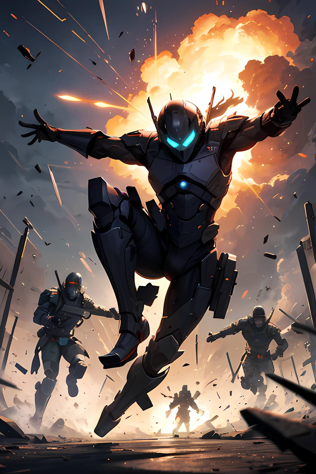 Dynamic scene, showing a lone man in the midst of battle., drawn in the style of the original series. He is shown jumping through the air, Dodge laser beams with grace and agility.. The setting is a futuristic battlefield.., filled with explosions and enemy soldiers. Perspective - third person, emphasizing the chaos and excitement of the moment.