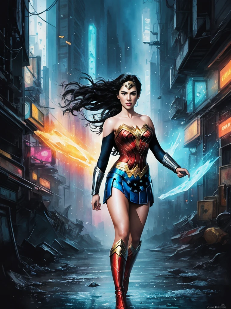 elsa of frozen as wonder woman, full body, jim lee, freedom, soul, digital illustration, comic style, without clothes, cyberpunk, perfect anatomy, centered, approaching perfection, dynamic, highly detailed, watercolor painting, artstation, concept art, smooth, sharp focus, illustration, art by Carne Griffiths and Wadim Kashin,