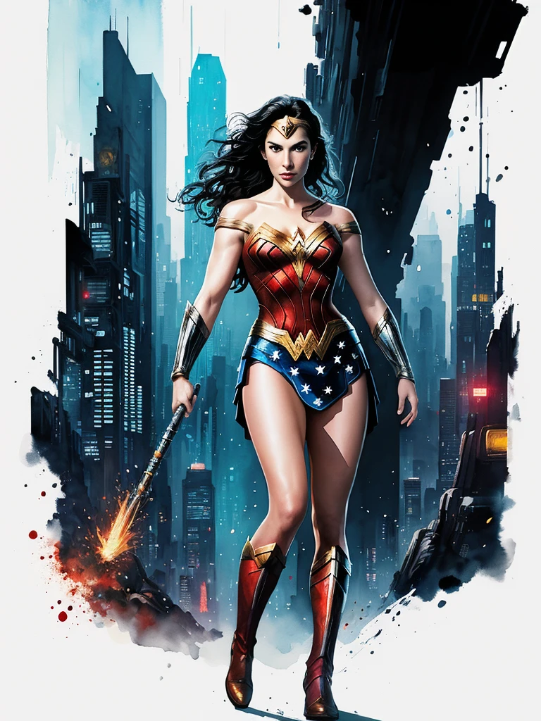 elsa of frozen as wonder woman, full body, jim lee, freedom, soul, digital illustration, comic style, without clothes, cyberpunk, perfect anatomy, centered, approaching perfection, dynamic, highly detailed, watercolor painting, artstation, concept art, smooth, sharp focus, illustration, art by Carne Griffiths and Wadim Kashin,